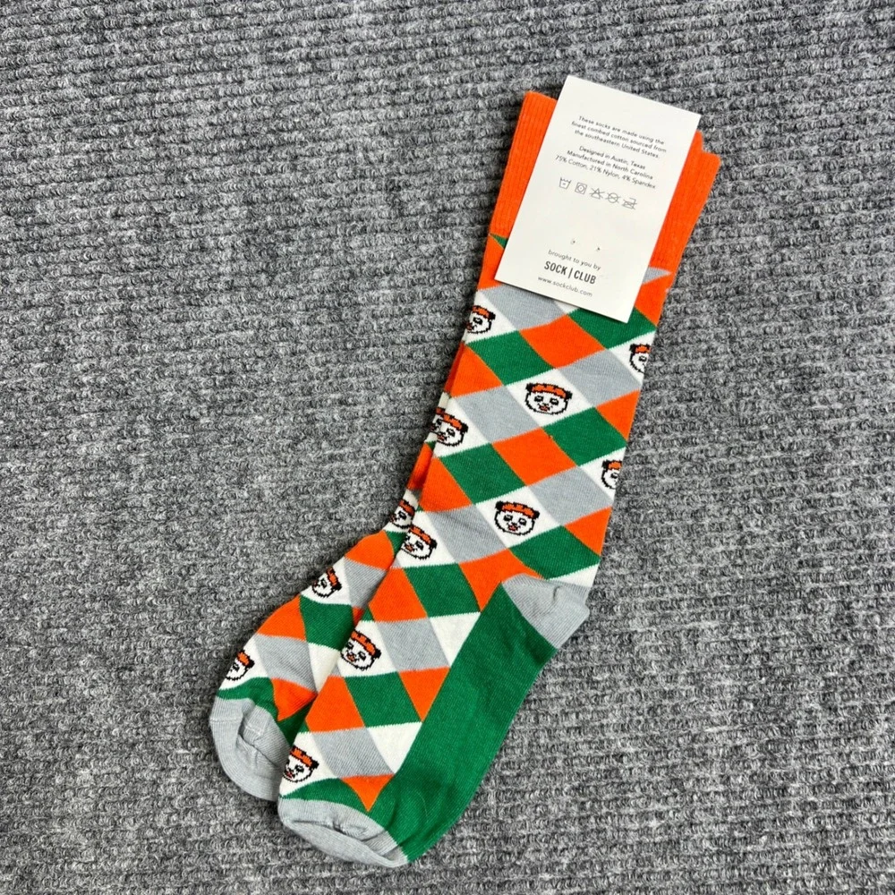Ridepanda Sock Club Argyle Panda Crew Socks‎ Orange Green Grey Made in USA NEW